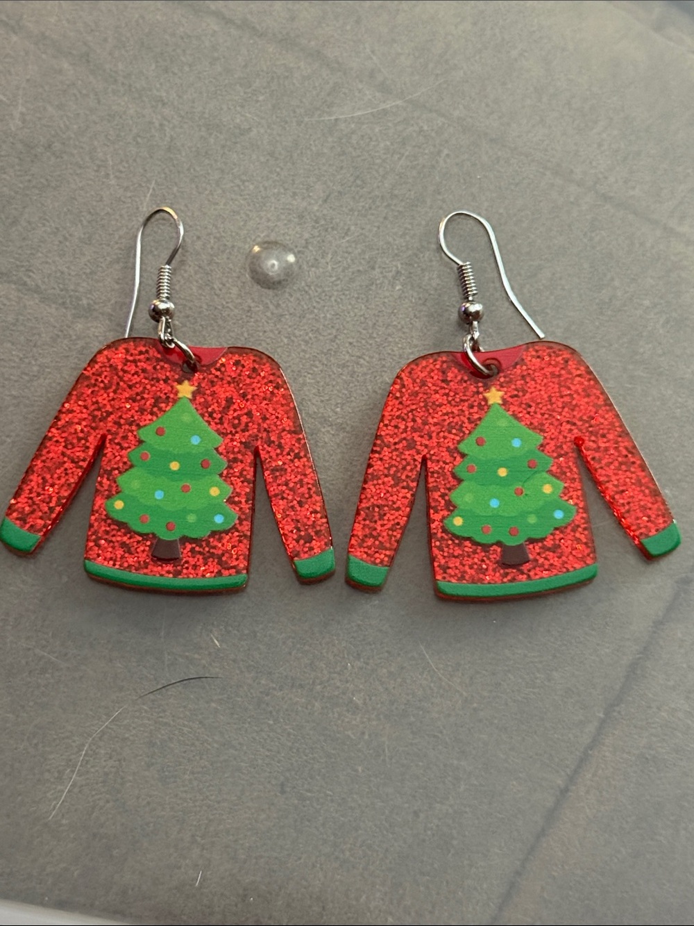 Festive Red Glitter Christmas ugly Sweater Earrings - Holiday Tree Design